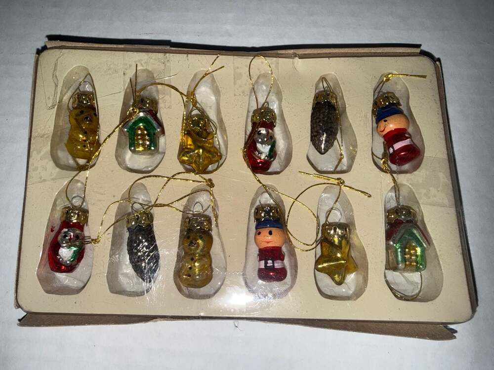 Vintage Miniature Mercury Glass Christmas Ornaments 12 Figurines. Original packa
